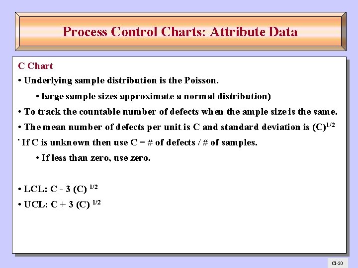 Process Control Charts: Attribute Data C Chart • Underlying sample distribution is the Poisson.