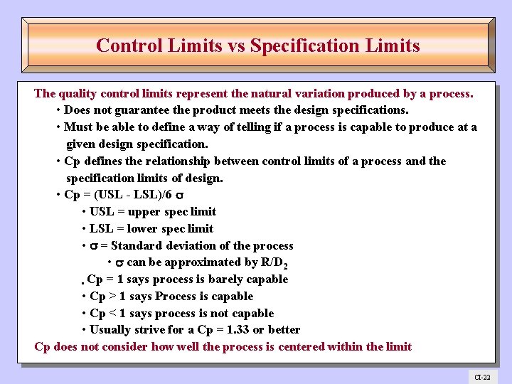 Control Limits vs Specification Limits The quality control limits represent the natural variation produced