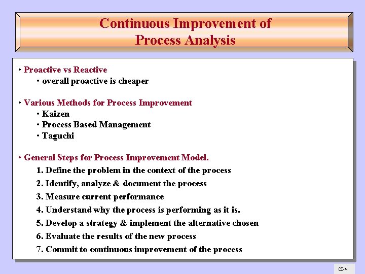 Continuous Improvement of Process Analysis • Proactive vs Reactive • overall proactive is cheaper