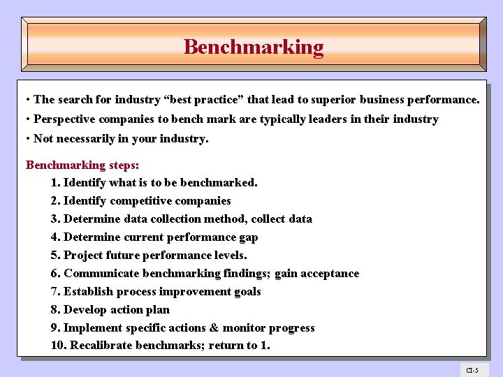 Benchmarking • The search for industry “best practice” that lead to superior business performance.