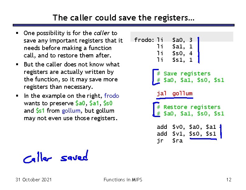 The caller could save the registers… § One possibility is for the caller to The caller could save the registers… § One possibility is for the caller to