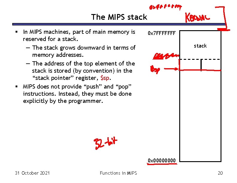 The MIPS stack § In MIPS machines, part of main memory is reserved for The MIPS stack § In MIPS machines, part of main memory is reserved for