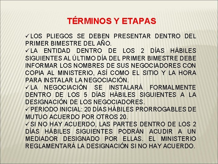 TÉRMINOS Y ETAPAS üLOS PLIEGOS SE DEBEN PRESENTAR DENTRO DEL PRIMER BIMESTRE DEL AÑO.