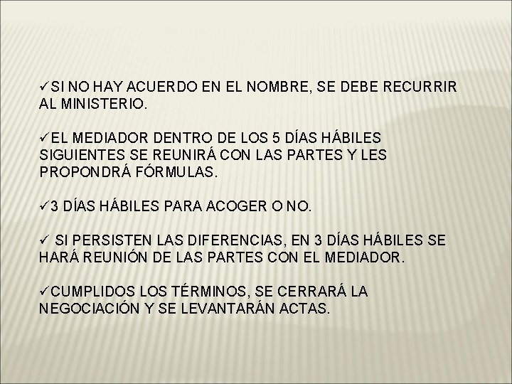 üSI NO HAY ACUERDO EN EL NOMBRE, SE DEBE RECURRIR AL MINISTERIO. üEL MEDIADOR