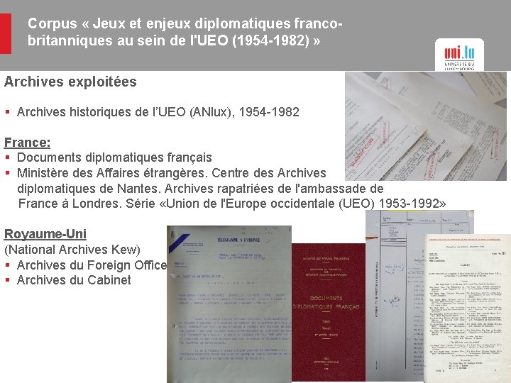 Corpus « Jeux et enjeux diplomatiques francobritanniques au sein de l'UEO (1954 -1982) »