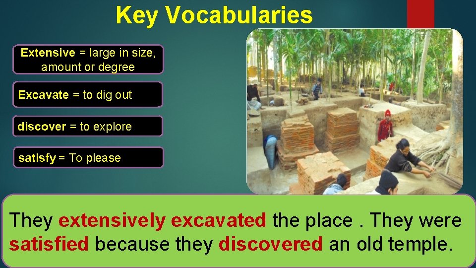 Key Vocabularies Extensive = large in size, amount or degree Excavate = to dig