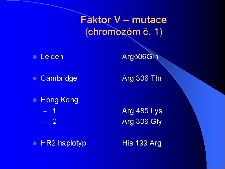 Faktor V – mutace (chromozóm č. 1) l Leiden Arg 506 Gln l Cambridge