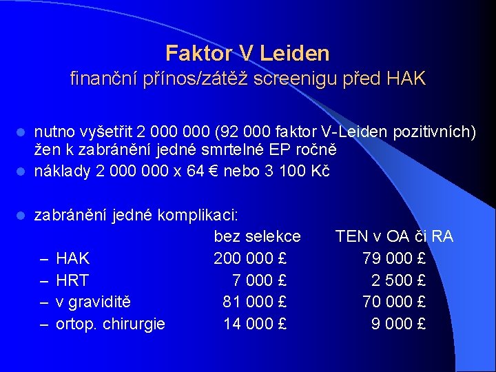 Faktor V Leiden finanční přínos/zátěž screenigu před HAK nutno vyšetřit 2 000 (92 000