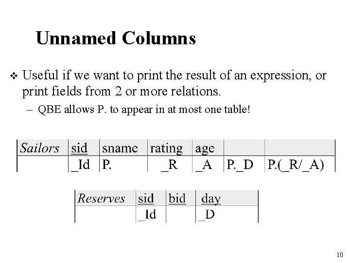 Unnamed Columns v Useful if we want to print the result of an expression,