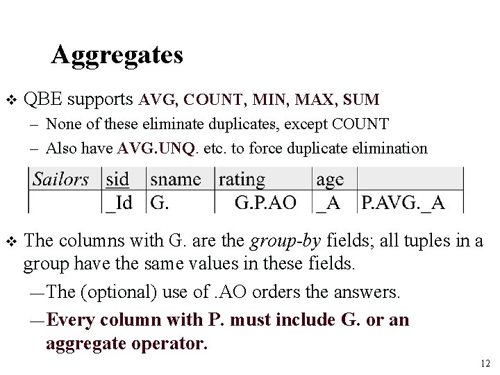 Aggregates v QBE supports AVG, COUNT, MIN, MAX, SUM – None of these eliminate