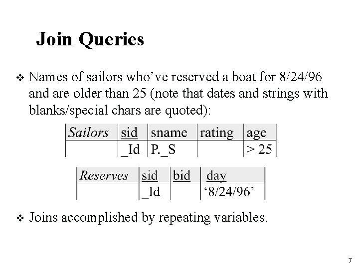Join Queries v Names of sailors who’ve reserved a boat for 8/24/96 and are