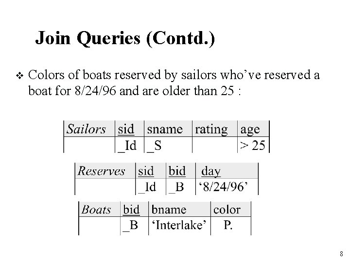 Join Queries (Contd. ) v Colors of boats reserved by sailors who’ve reserved a