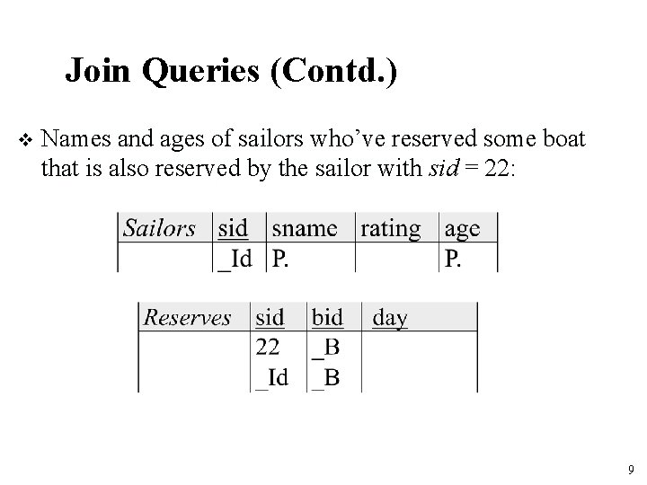 Join Queries (Contd. ) v Names and ages of sailors who’ve reserved some boat