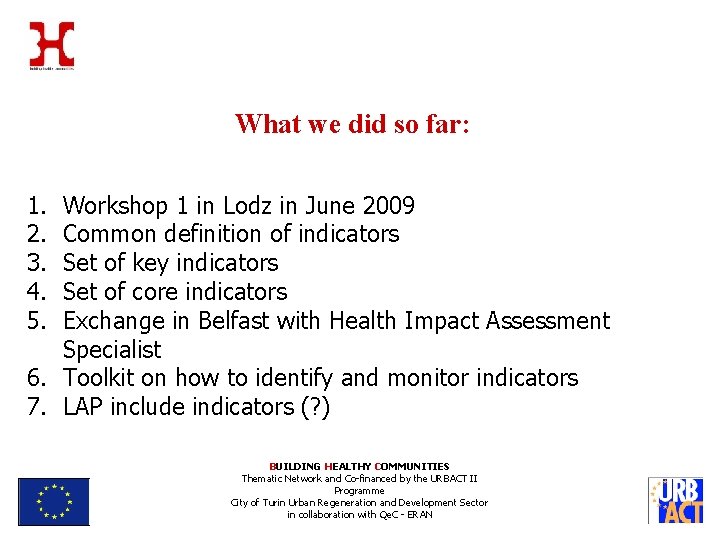 What we did so far: 1. 2. 3. 4. 5. Workshop 1 in Lodz