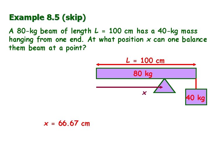 Example 8. 5 (skip) A 80 -kg beam of length L = 100 cm