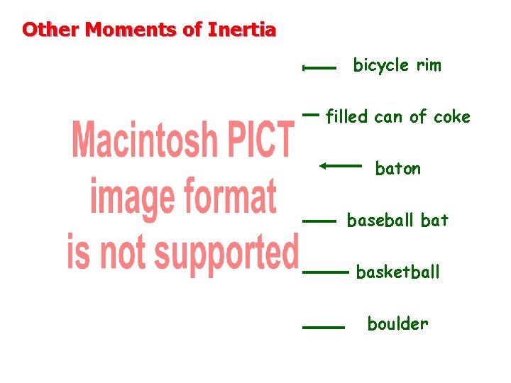 Other Moments of Inertia bicycle rim filled can of coke baton baseball bat basketball