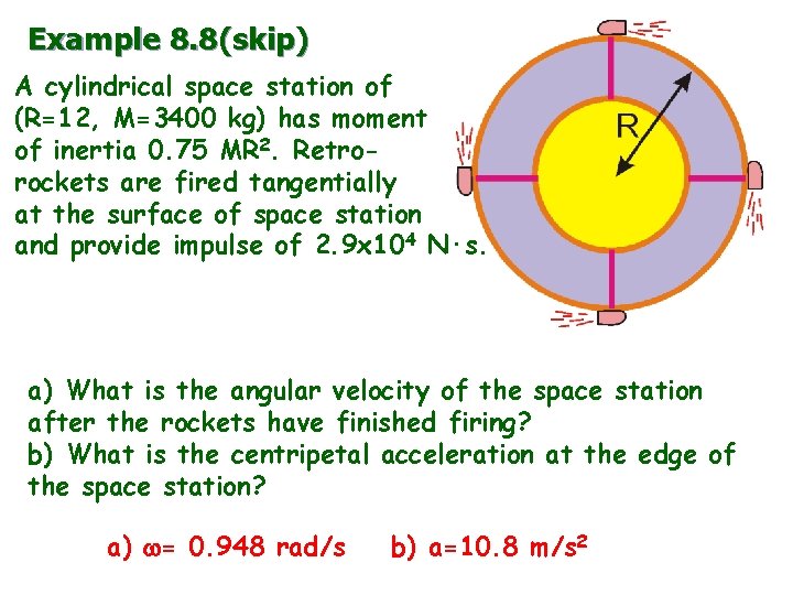 Example 8. 8(skip) A cylindrical space station of (R=12, M=3400 kg) has moment of