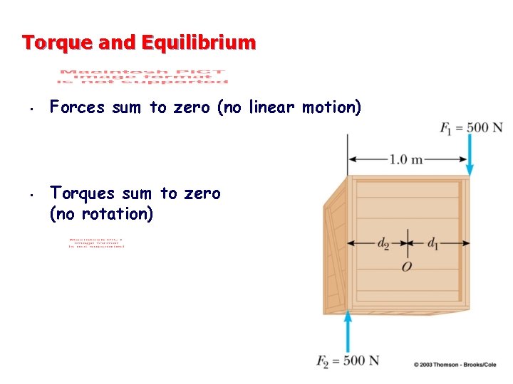 Torque and Equilibrium • • Forces sum to zero (no linear motion) Torques sum