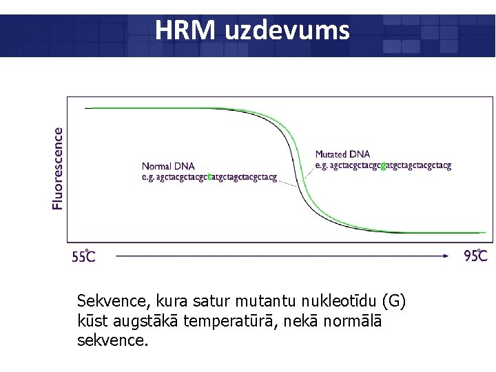 HRM uzdevums Sekvence, kura satur mutantu nukleotīdu (G) kūst augstākā temperatūrā, nekā normālā sekvence.