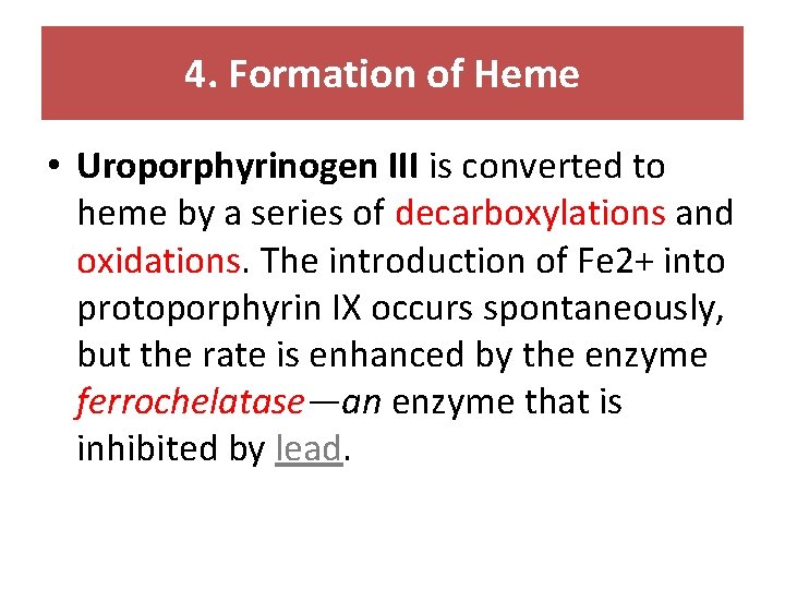 4. Formation of Heme • Uroporphyrinogen III is converted to heme by a series