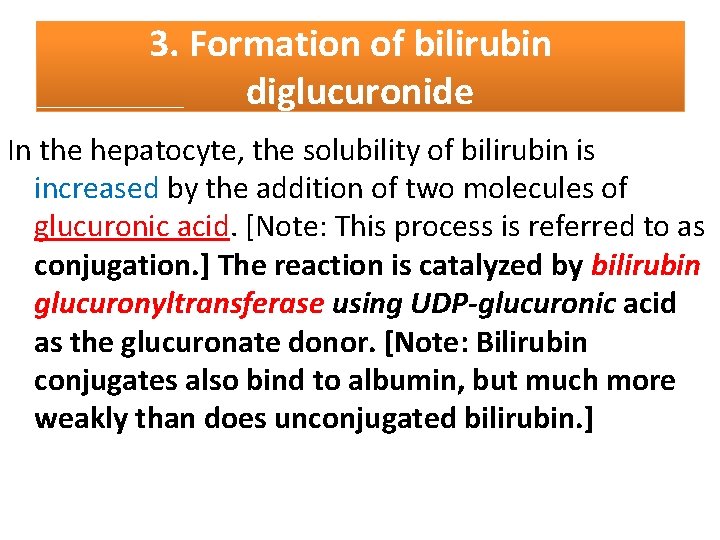 3. Formation of bilirubin diglucuronide In the hepatocyte, the solubility of bilirubin is increased