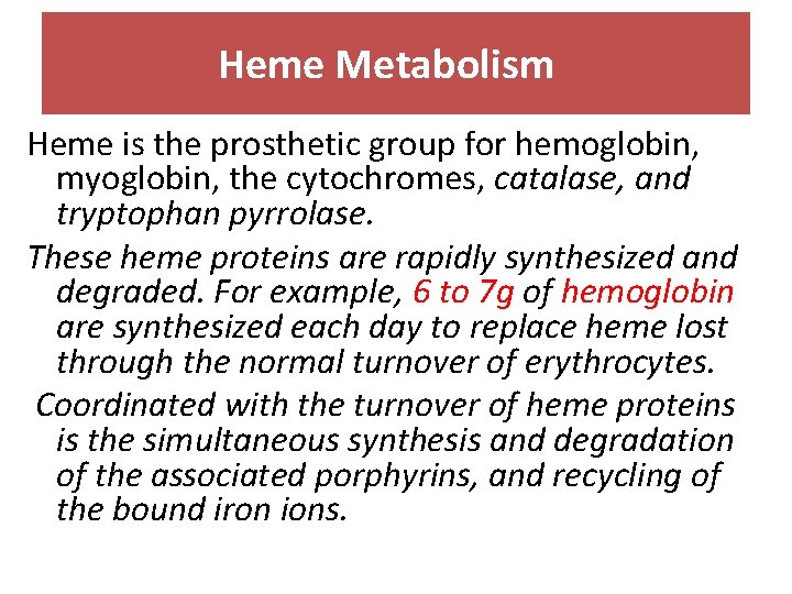 Heme Metabolism Heme is the prosthetic group for hemoglobin, myoglobin, the cytochromes, catalase, and