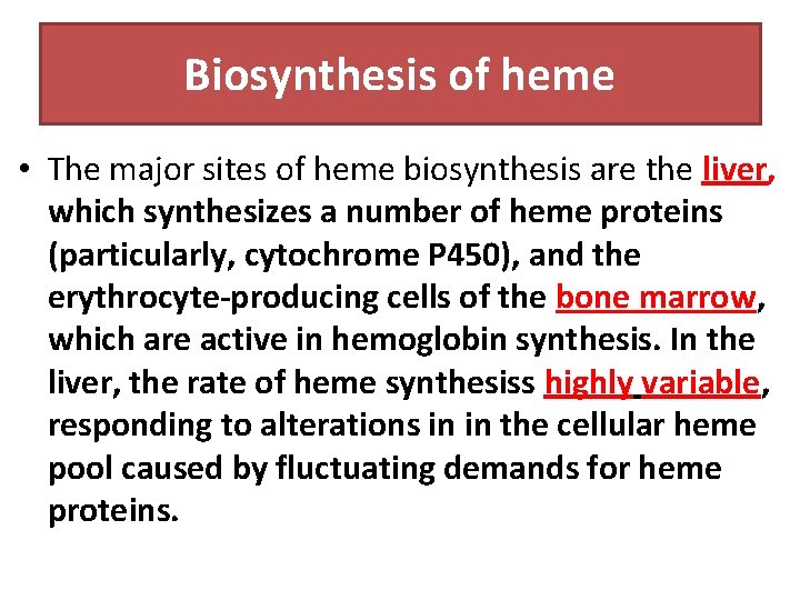 Biosynthesis of heme • The major sites of heme biosynthesis are the liver, which