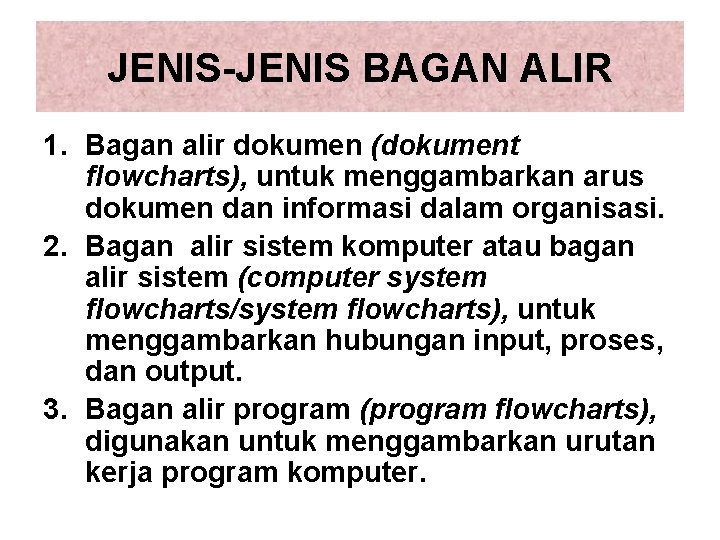 JENIS-JENIS BAGAN ALIR 1. Bagan alir dokumen (dokument flowcharts), untuk menggambarkan arus dokumen dan