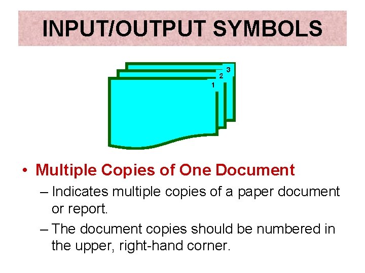 INPUT/OUTPUT SYMBOLS 2 3 1 • Multiple Copies of One Document – Indicates multiple