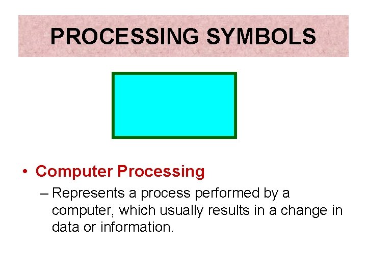 PROCESSING SYMBOLS • Computer Processing – Represents a process performed by a computer, which