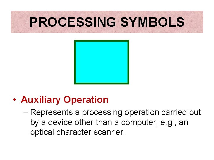 PROCESSING SYMBOLS • Auxiliary Operation – Represents a processing operation carried out by a