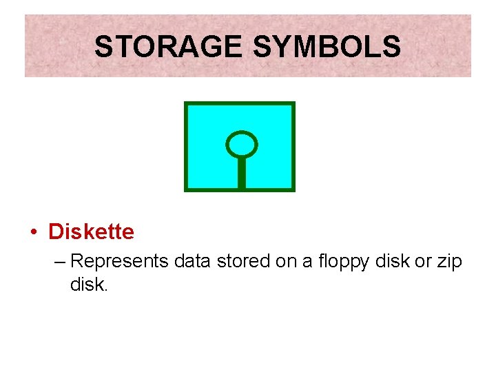STORAGE SYMBOLS • Diskette – Represents data stored on a floppy disk or zip