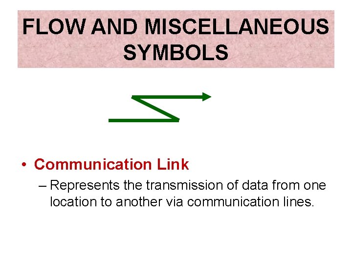 FLOW AND MISCELLANEOUS SYMBOLS • Communication Link – Represents the transmission of data from