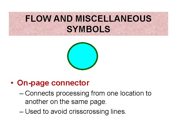 FLOW AND MISCELLANEOUS SYMBOLS • On-page connector – Connects processing from one location to