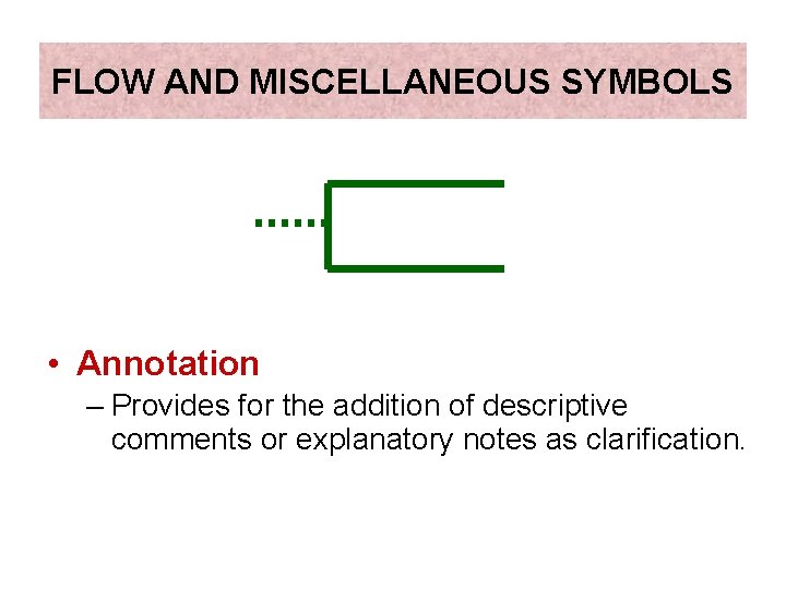 FLOW AND MISCELLANEOUS SYMBOLS • Annotation – Provides for the addition of descriptive comments