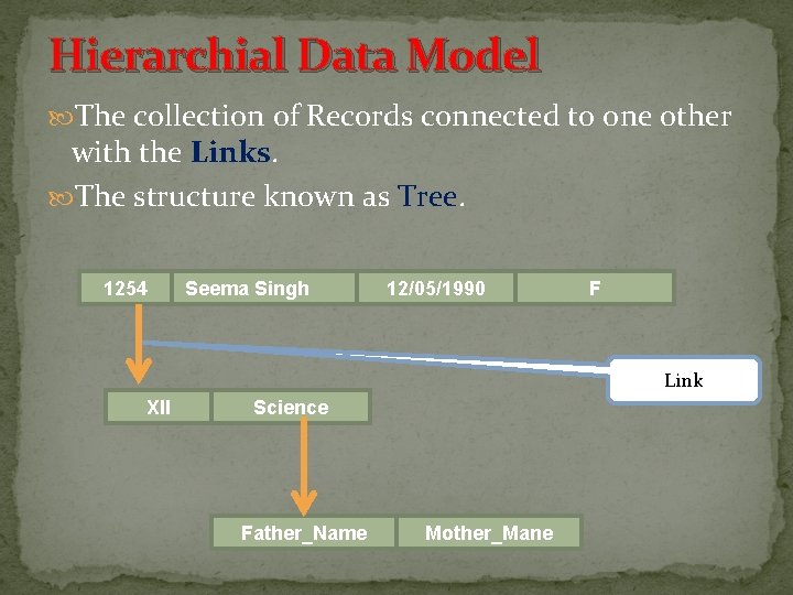 Hierarchial Data Model The collection of Records connected to one other with the Links.