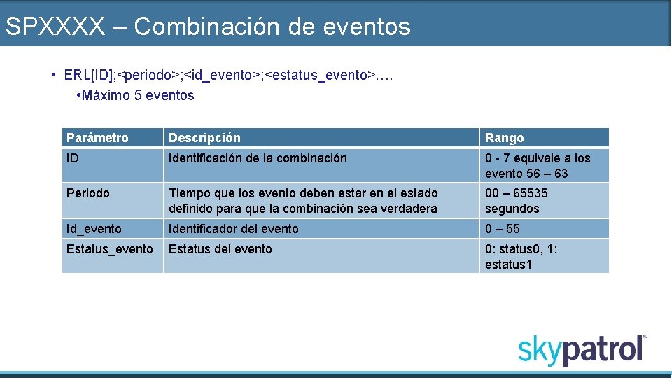 SPXXXX – Combinación de eventos • ERL[ID]; <periodo>; <id_evento>; <estatus_evento>…. • Máximo 5 eventos