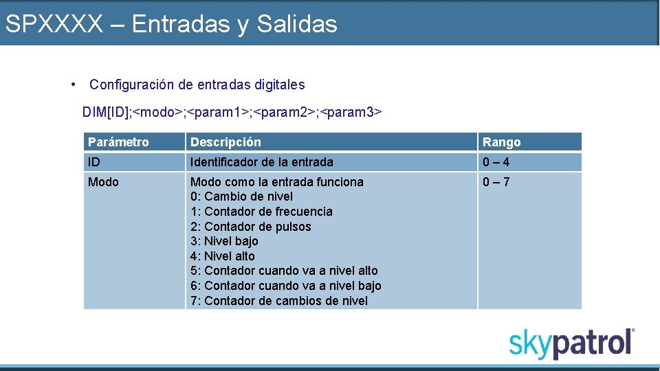 SPXXXX – Entradas y Salidas • Configuración de entradas digitales DIM[ID]; <modo>; <param 1>;