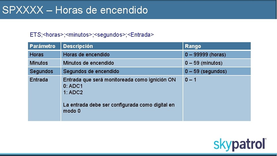 SPXXXX – Horas de encendido ETS; <horas>; <minutos>; <segundos>; <Entrada> Parámetro Descripción Rango Horas