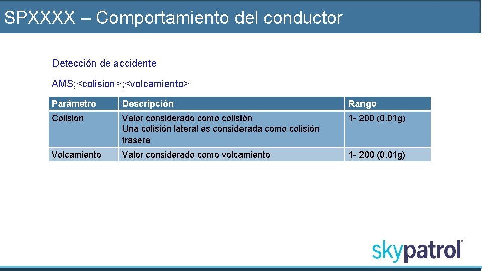 SPXXXX – Comportamiento del conductor Detección de accidente AMS; <colision>; <volcamiento> Parámetro Descripción Rango