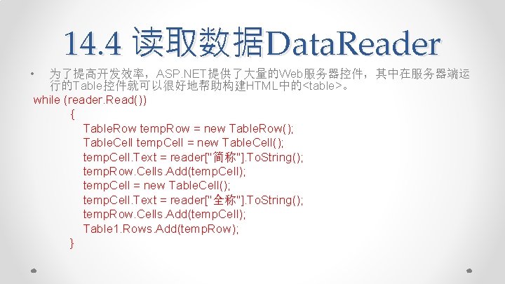 14. 4 读取数据Data. Reader • 为了提高开发效率，ASP. NET提供了大量的Web服务器控件，其中在服务器端运 行的Table控件就可以很好地帮助构建HTML中的<table>。 while (reader. Read()) { Table. Row