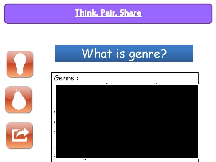 Think, Pair, Share What is genre? Genre : Similar types of texts with a