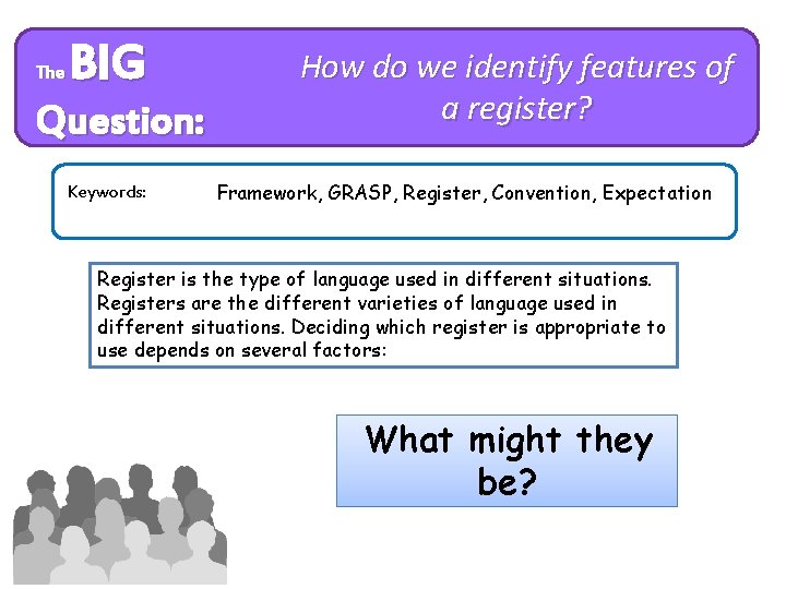 The BIG Question: Keywords: How do we identify features of a register? Framework, GRASP,