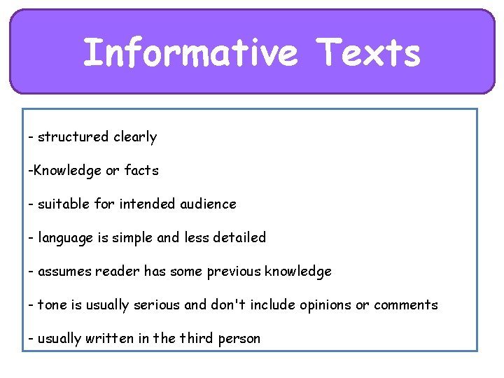 Informative Texts - structured clearly -Knowledge or facts - suitable for intended audience -