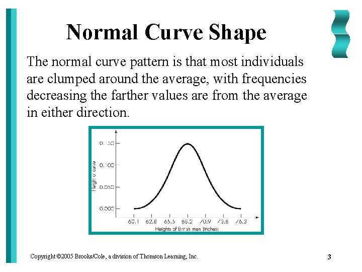 Normal Curve Shape The normal curve pattern is that most individuals are clumped around