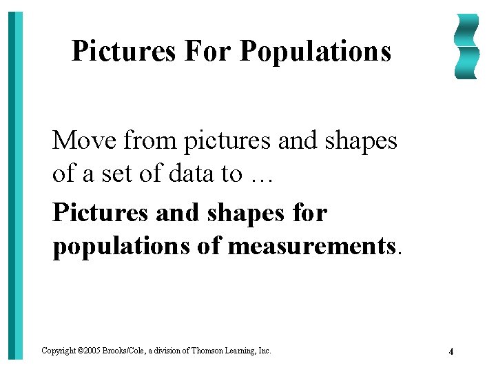 Pictures For Populations Move from pictures and shapes of a set of data to