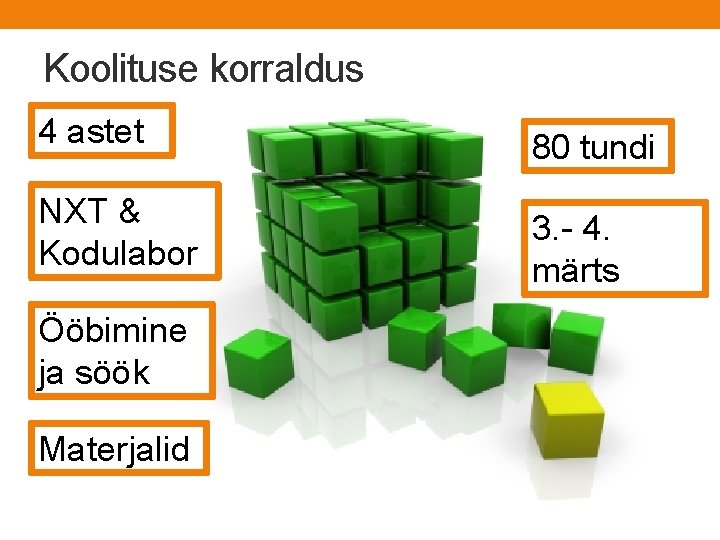 Koolituse korraldus 4 astet 80 tundi NXT & Kodulabor 3. - 4. märts Ööbimine