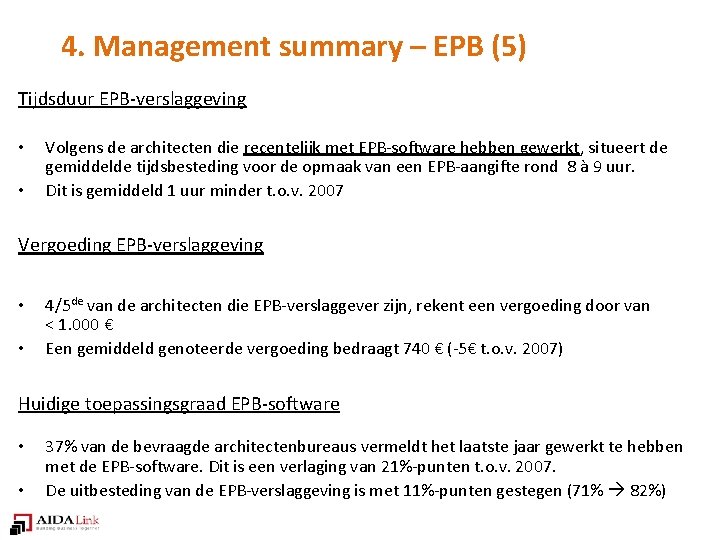 4. Management summary – EPB (5) Tijdsduur EPB-verslaggeving • • Volgens de architecten die