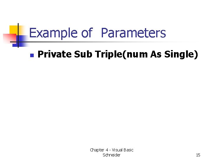 Example of Parameters n Private Sub Triple(num As Single) Chapter 4 - Visual Basic Example of Parameters n Private Sub Triple(num As Single) Chapter 4 - Visual Basic