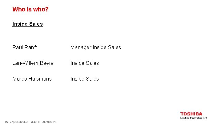 Who is who? Inside Sales Paul Ranft Manager Inside Sales Jan-Willem Beers Inside Sales